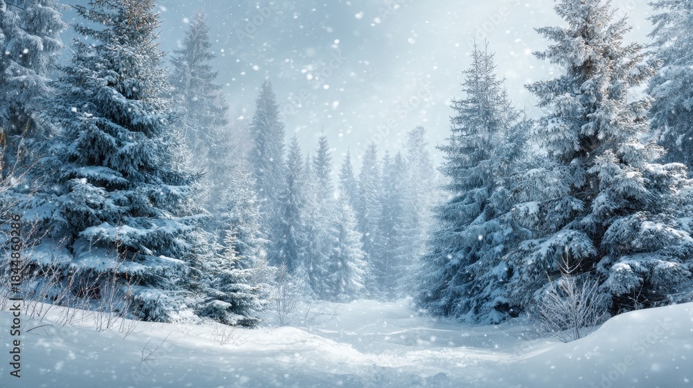 Fototapeta premium A serene winter scene features tall pine trees blanketed in snow. Flurries of snowflakes gently fall creating a peaceful atmosphere in the snowy forest.