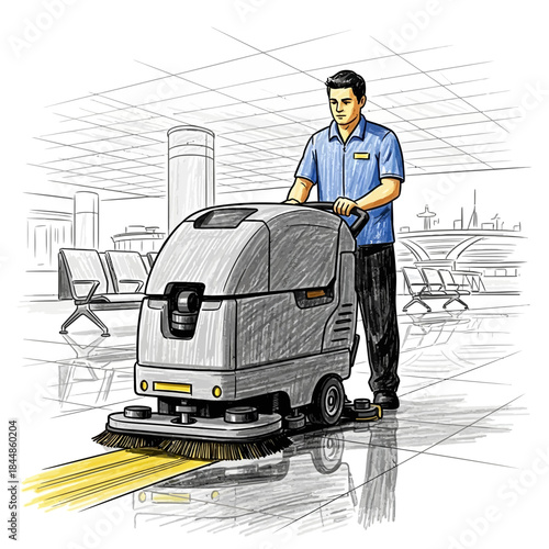 Professional airport cleaning staff operating floor cleaning equipment in modern airport terminal