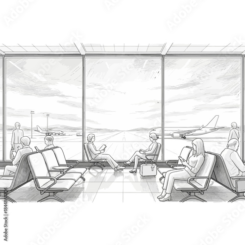 Relaxing Airport Lounge Scene with Passengers Waiting for Flights in Modern Terminal