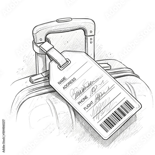 sketch of an airport luggage tag attached to a wheeled suitcase for travel identification