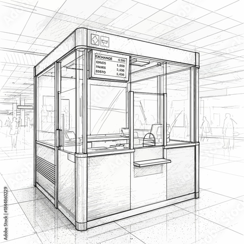 sketch of a modern kiosk booth with digital display and clear glass windows for public use