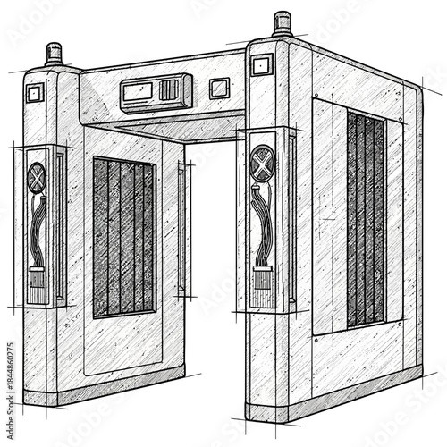 Technical drawing of a turnstile gate mechanism with detailed sketch lines for security checkpoint
