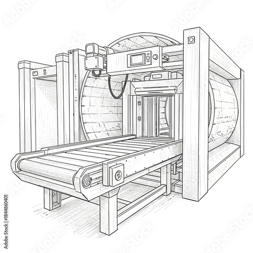 Detailed line drawing of a modern medical MRI scanner with scanning bed and control panel