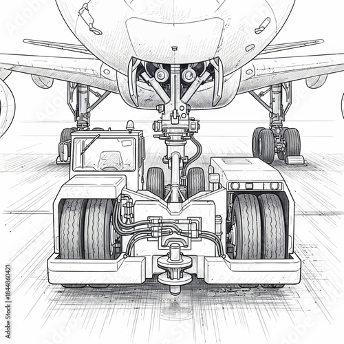 Detailed line drawing of an airplane front view showcasing landing gear and engine components