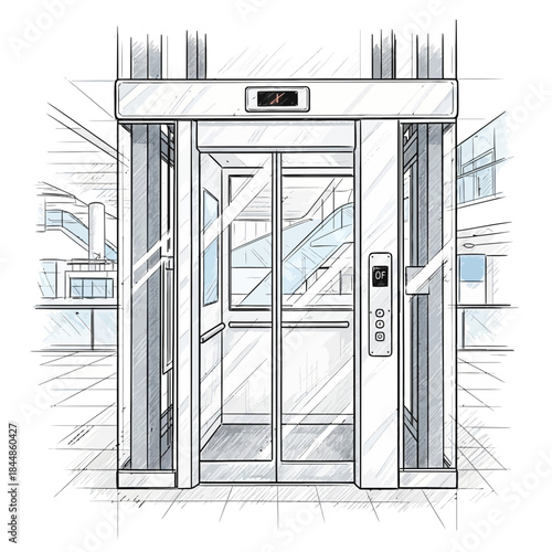 Detailed technical sketch of a modern glass elevator with structural lines and interior features