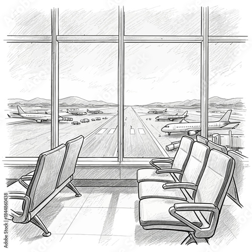 Empty airport terminal waiting area with large windows overlooking runway and parked airplanes
