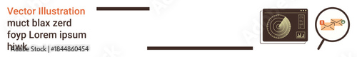 Cybersecurity, threat detection, data analysis, authentication, online safety, digital protection. Radar screen detecting threats with a magnifying glass. Cybersecurity and threat detection concept