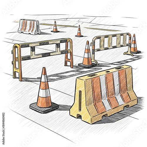 Illustration of a Construction Site with Safety Barriers and Traffic Cones for Road Maintenance