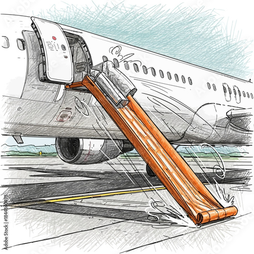 Illustration of a smartphone sliding down a wooden ramp onto an airplane tarmac with a drone