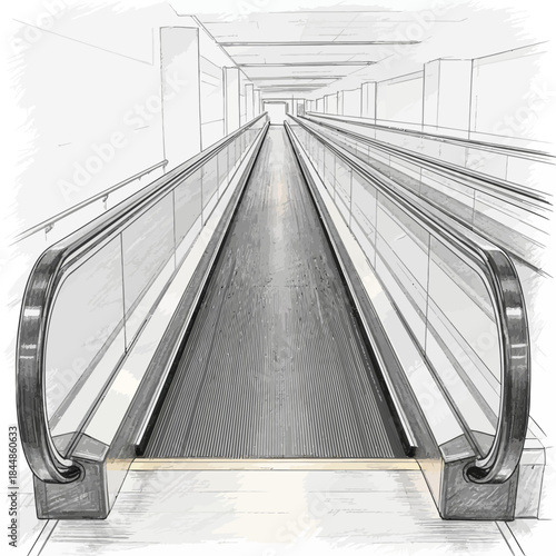 Minimalist Sketch of an Indoor Shopping Mall Moving Walkway with Perspective View