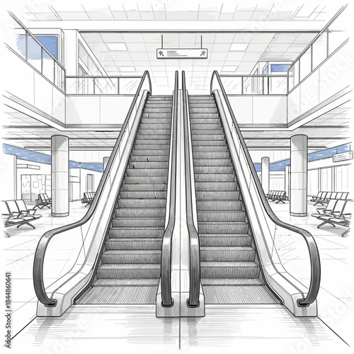Modern airport interior with dual escalators leading to upper level and seating areas in a