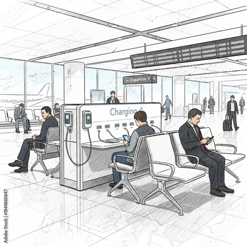Modern airport waiting area with charging stations and travelers using smartphones
