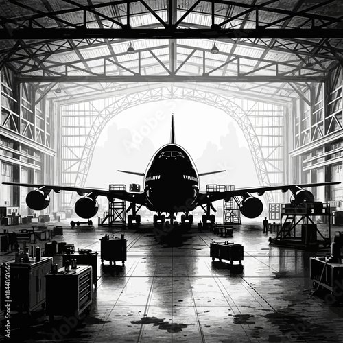 Modern cargo airplane inside an aircraft hangar preparing for departure or maintenance