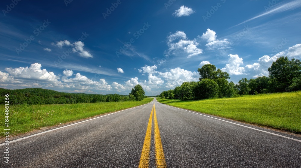 Fototapeta premium A long straight road stretches into the distance bordered by lush green grass and trees. The sky is bright blue with fluffy clouds creating a peaceful scene. Ideal for a drive.