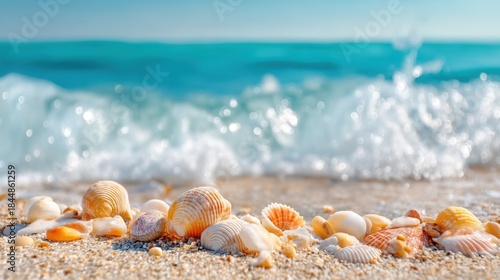 Small shells lay on a sandy beach as gentle waves softly crash creating a serene atmosphere. The clear blue sky complements the vibrant colors of the shells.