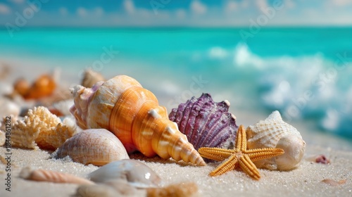 Several vibrant seashells and a starfish rest on soft sand at a beach. The turquoise ocean gently laps at the shore under bright sunny skies.