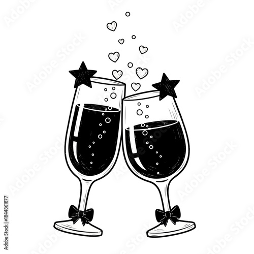 Celebration of Love and Cheers with Two Toasting Champagne Glasses with Hearts