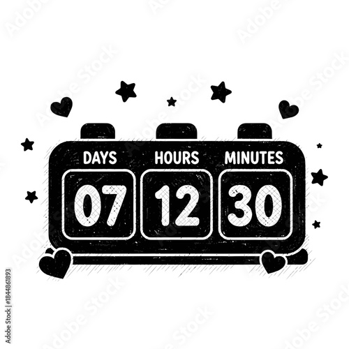 Countdown Timer Display Showing 7 Days 12 Hours 30 Minutes with Decorative Hearts and Stars