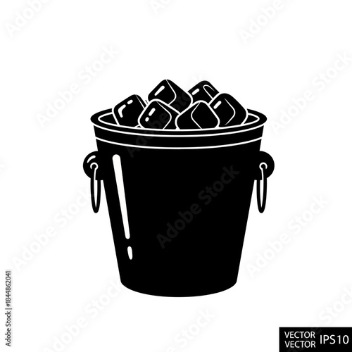 Simple black and white icon of a bucket filled with ice cubes for cool drinks or storage