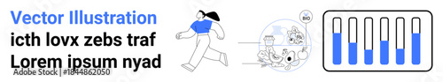 Woman jogging, icon of a vehicle emitting fumes, scientific glassware illustration, and progress bars. Ideal for fitness, environment, science, sustainability, progress data simple landing page