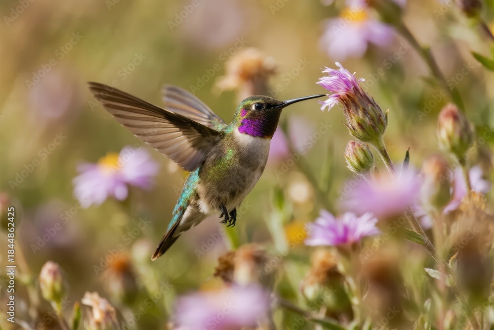 Naklejka premium Hummingbird feeding on a purple flower in a wildflower meadow