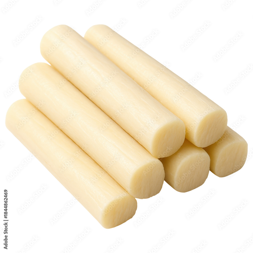 Fototapeta premium Cheese sticks stacked in simple composition with smooth texture and pale yellow color, perfect for snack or cooking use