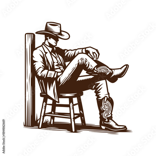 cowboy sitting on a chair resting with legs crossed, outline style