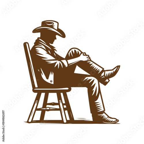 cowboy sitting on a chair resting with legs crossed, outline style