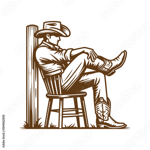 cowboy sitting on a chair resting with legs crossed, outline style