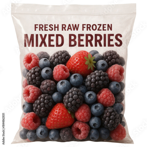Frozen mixed berries with strawberry, raspberry, blueberry, and blackberry in clear plastic bag for healthy snack or dessert