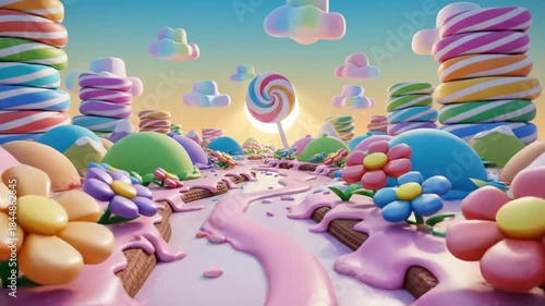 A whimsical landscape features candy elements, swirly lollipops, vibrant clouds, and a river of sugary substance