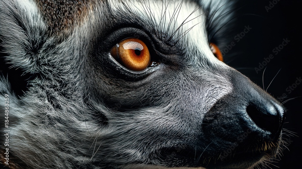 Obraz premium The lemur stares intently with vibrant orange eyes and textured fur in a close up scene. The lighting enhances the intricate patterns highlighting its natural beauty.
