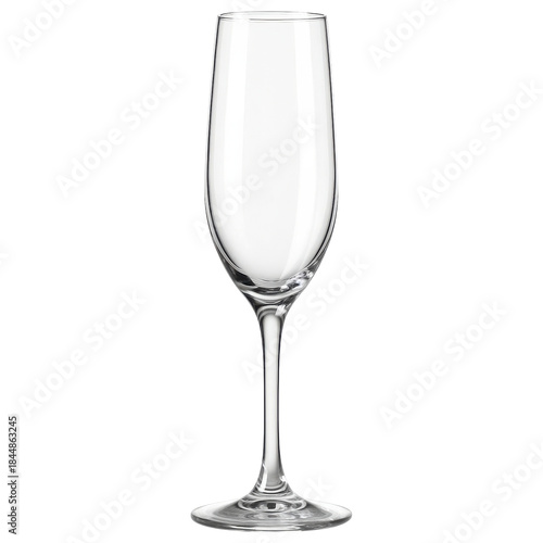Clear empty champagne flute glass with elegant long stem and simple design for celebration or party use