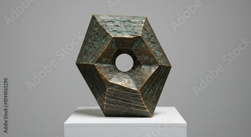 Bronzecolored dodecahedron sculpture with central hole sits on white pedestal against a neutral background