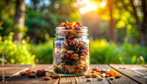 Delicious mixed nuts and dried fruits in a glass jar on a rustic wooden table