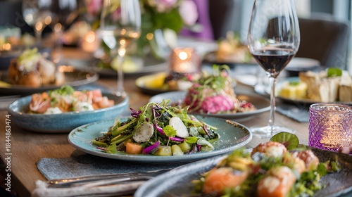 Elegant Table Setting with Gourmet Dishes and Wine.
