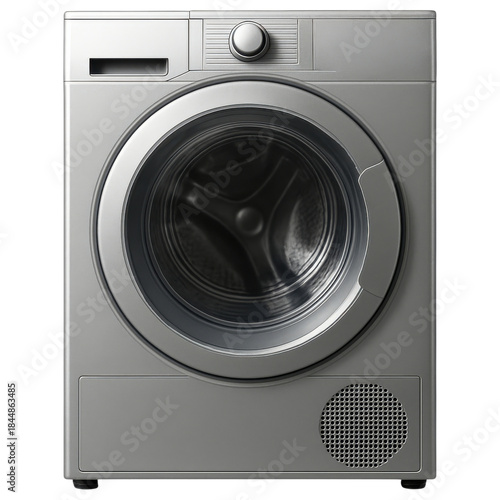 Front load dryer machine with silver metallic finish and round door, modern home appliance for laundry care