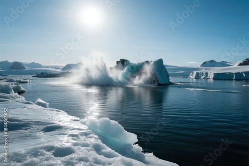 Iceberg calving in polar waters under bright sunlight