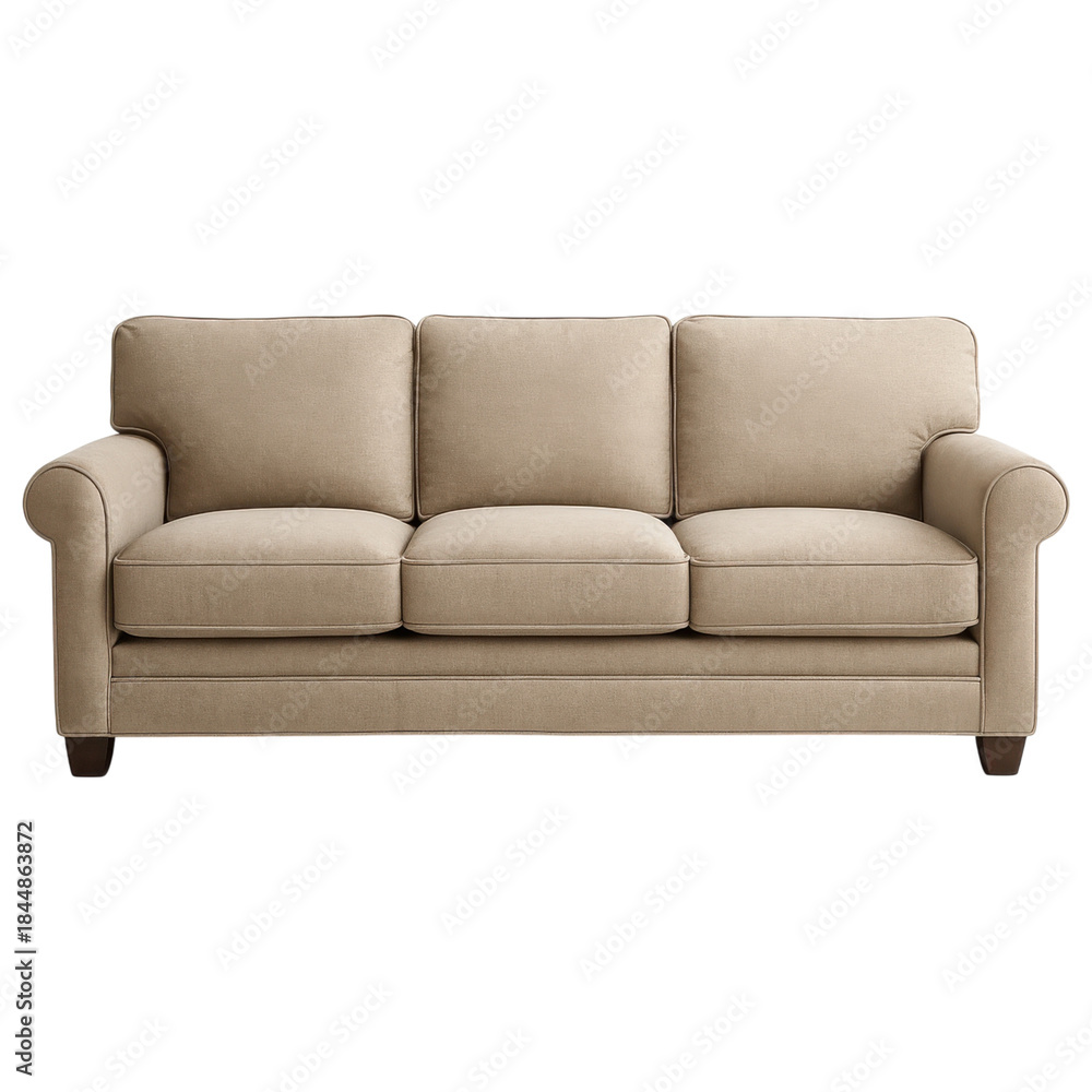 Fototapeta premium Beige three seat sofa with soft cushions and rounded armrests, offering comfortable and simple seating for living room