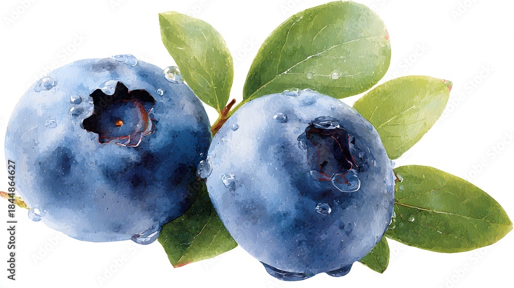 Obraz premium Fresh Ripe Blueberries with Water Droplets on Green Leaves.