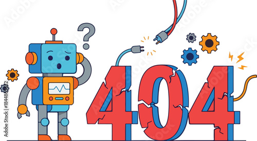 404 Error Page Not Found Vector Illustration with Confused Robot Bot