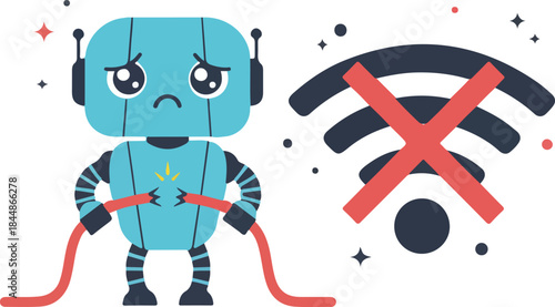 Sad Robot Character Holding Broken Wire and No WiFi Signal Vector Illustration