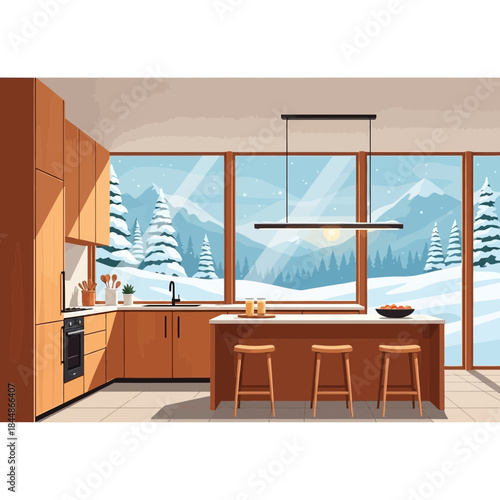 Modern kitchen interior with large panoramic windows showcasing a snowy winter landscape with pine