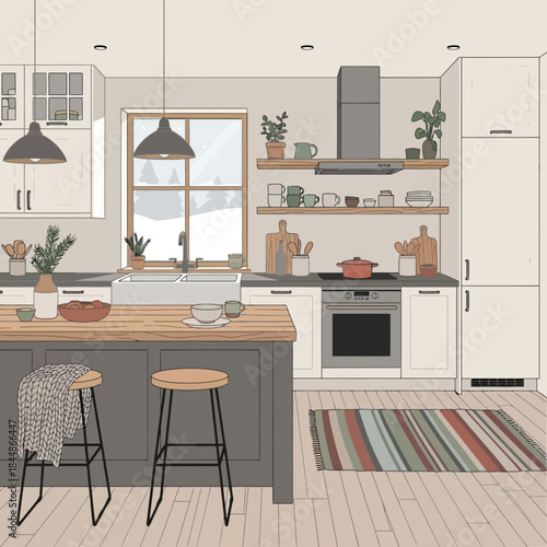 Modern minimalist kitchen with natural light, wooden accents, and functional design