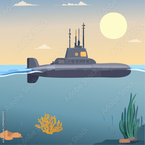 Nuclear military submarine in the ocean