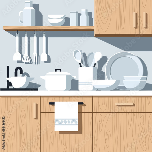 Modern minimalist kitchen with wooden cabinets and organized dishware setup