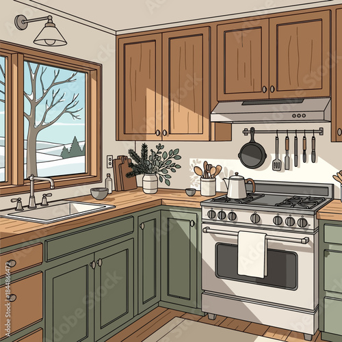 Cozy kitchen interior with natural sunlight streaming through the window and well-organized