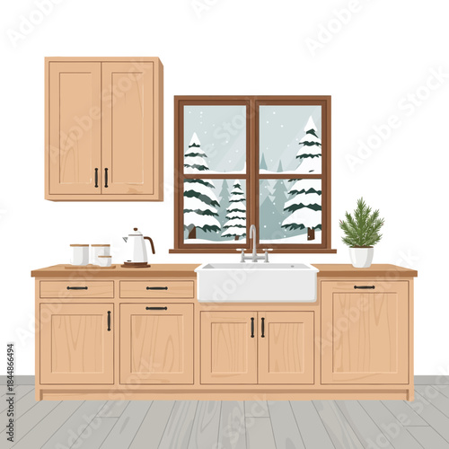 Cozy kitchen with wooden cabinets and a view of snowy winter landscape through the window