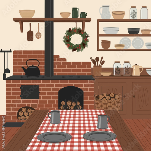 Cozy rustic kitchen with brick accents and wooden shelves decorated with houseplants and