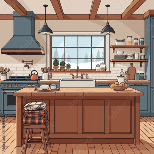 Cozy rustic kitchen with a large window and neatly organized open shelves and island countertop